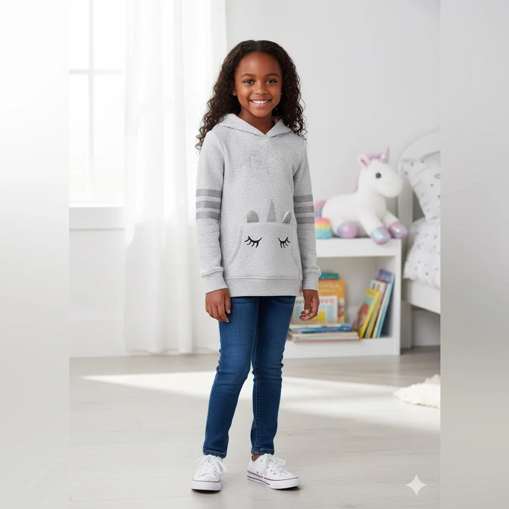 OshKosh B'gosh Girls Unicorn Hoodie Sweatshirt Gray Pink Size 10 Sparkle Cute
